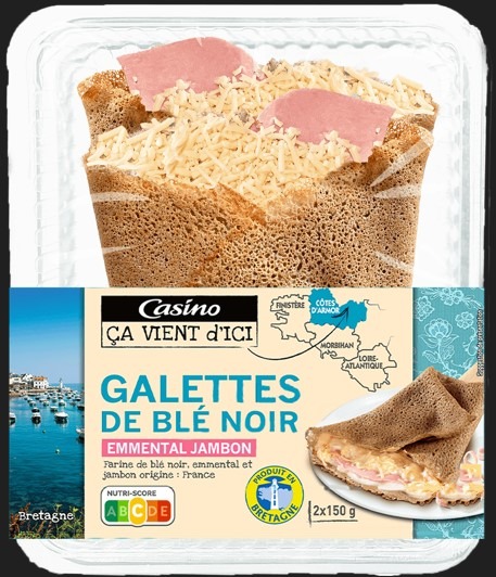 Galette de blé noir emmental jambon - 2x150g - Casino ça vient d'ici : photo du produit rappelé le 04/03/2024