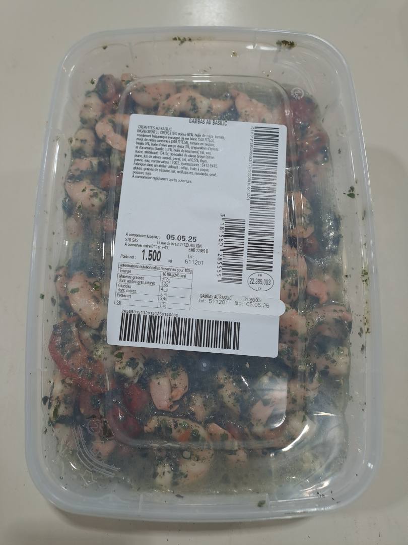Gambas au basilic 1.5k : photo du produit rappelé le 28/04/2025