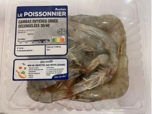 Gambas entières crues décongelées Auchan le poissonnier : photo du produit rappelé le 09/09/2022