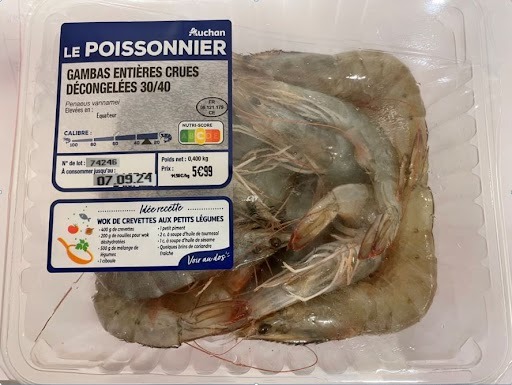 Gambas entieres crues decongelees cal 30/40 400g Auchan : photo du produit rappelé le 10/09/2024