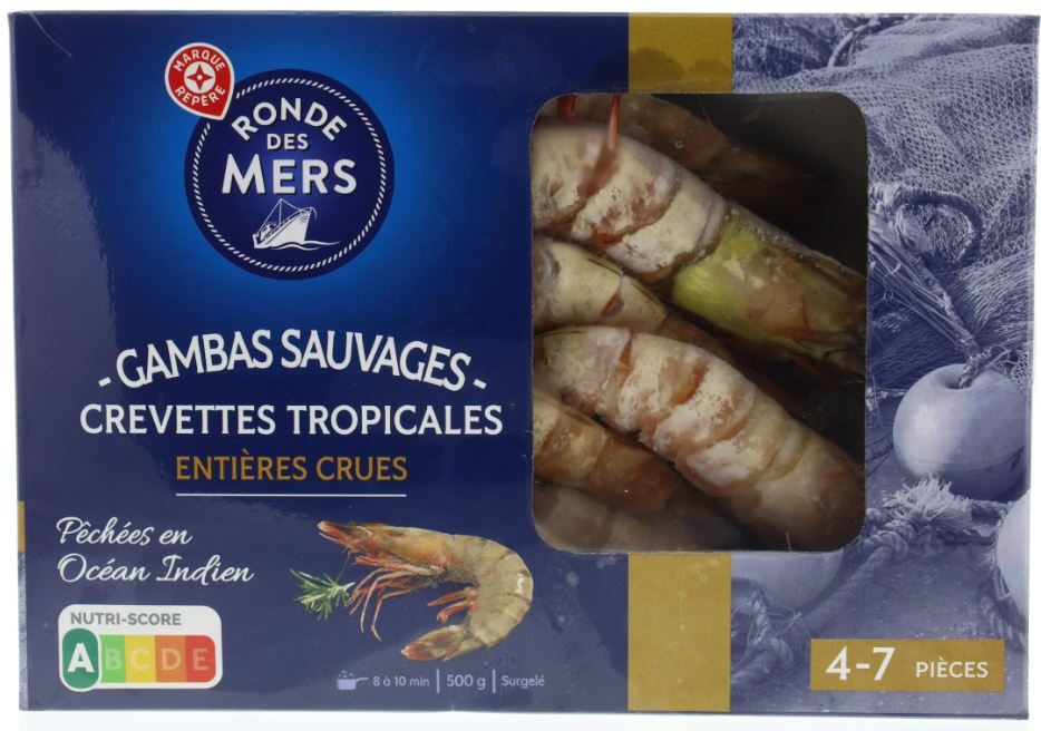 Gambas sauvages surgelees - crevettes tropicales entieres Ronde des Mers : photo du produit rappelé le 11/01/2024