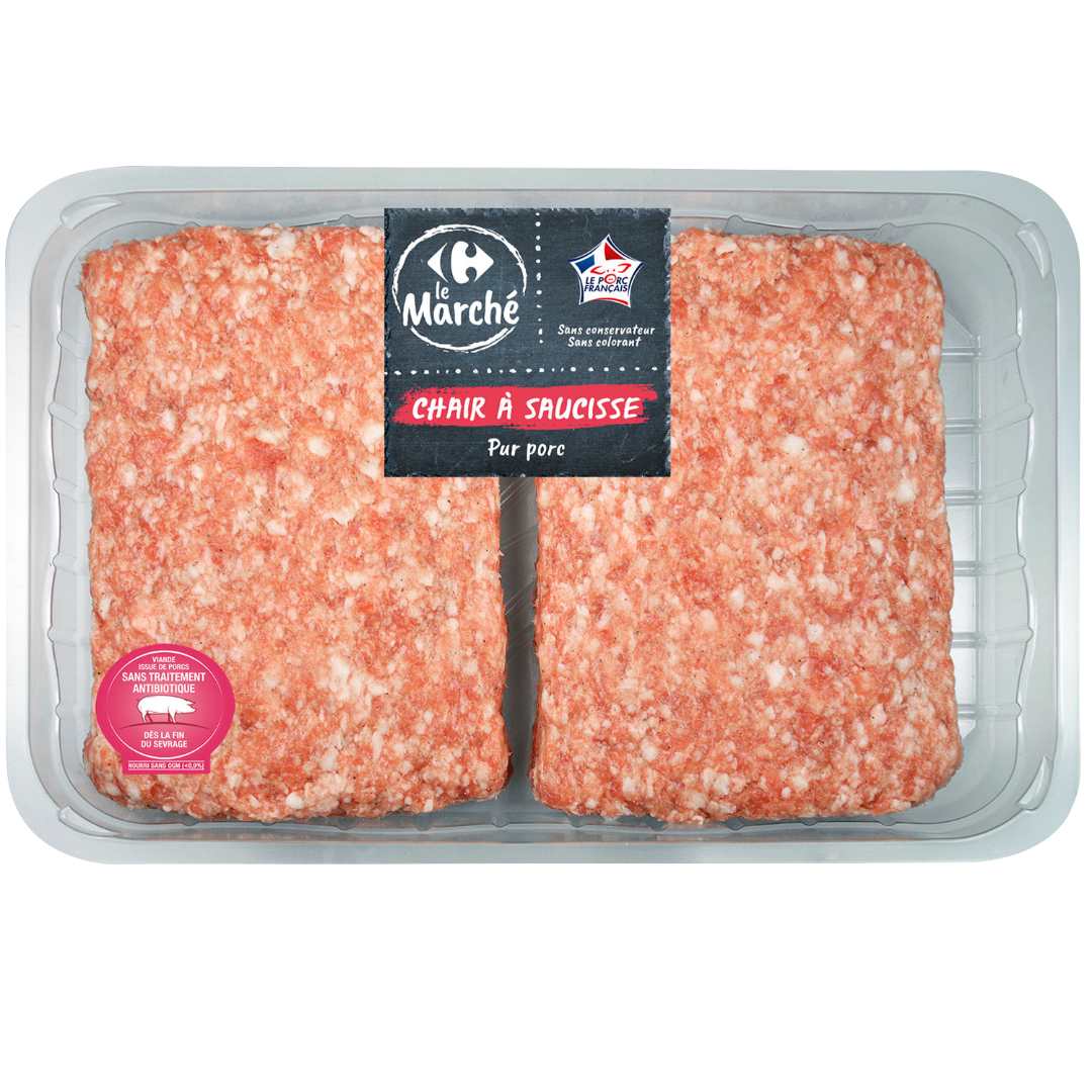 Gamme de saucisserie (chipolatas , merguez et farce) Marque de Carrefour : photo du produit rappelé le 27/05/2024