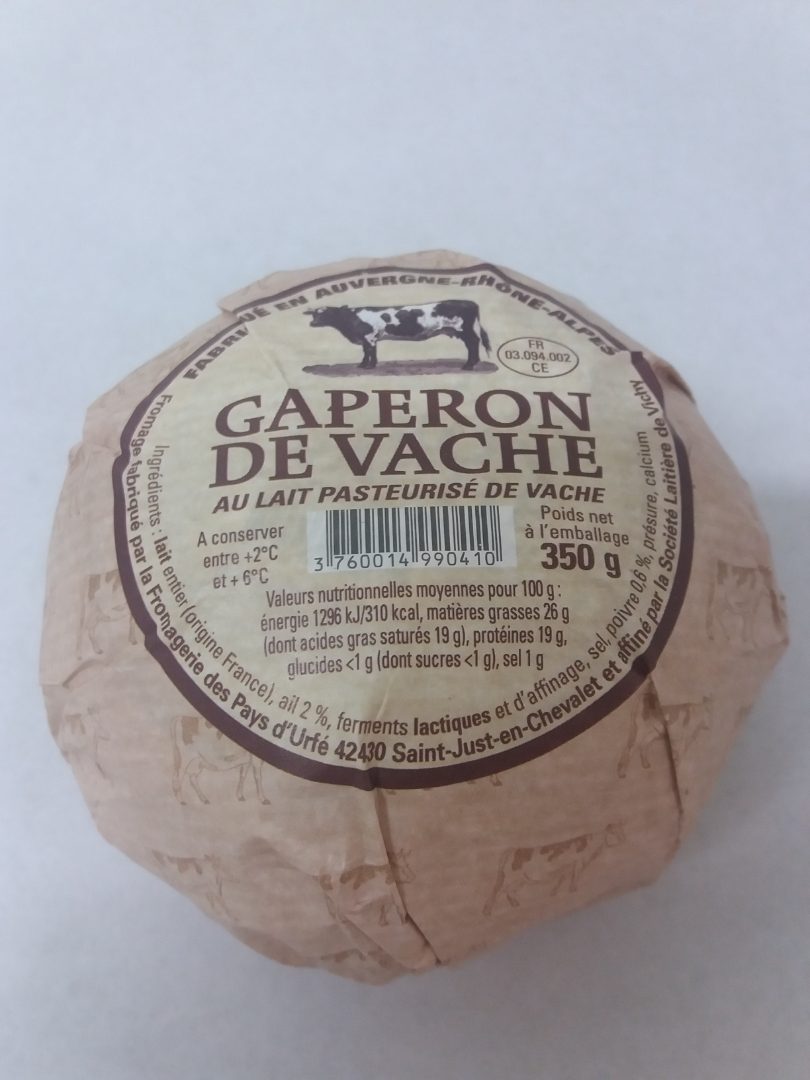 Gaperon de vache 350g lait pasteurisé de vache Societe Laitiere de Vichy : photo du produit rappelé le 06/02/2023
