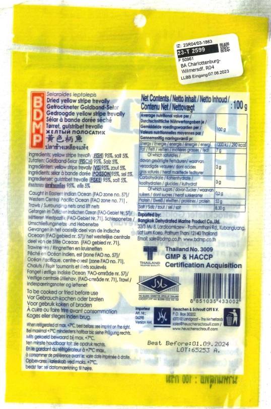 Garangue jaune séché - dried yellow stripe trevally BDMP : photo 2 sur 2 du produit rappelé le 10/07/2023