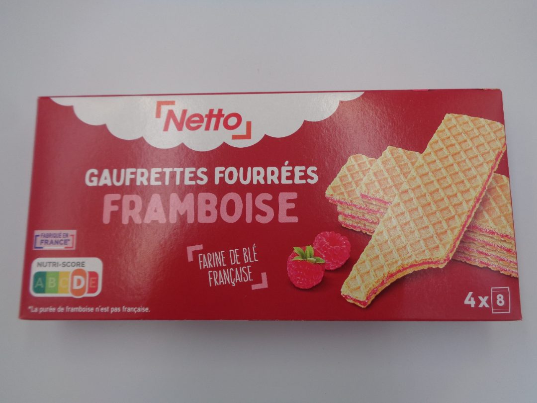 Gaufrettes avec 66,3% de fourrage aux framboises, aromatisées Netto : photo du produit rappelé le 21/04/2023