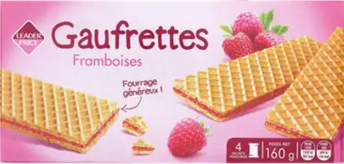 Gaufrettes framboise 160g leader price : photo du produit rappelé le 21/04/2023