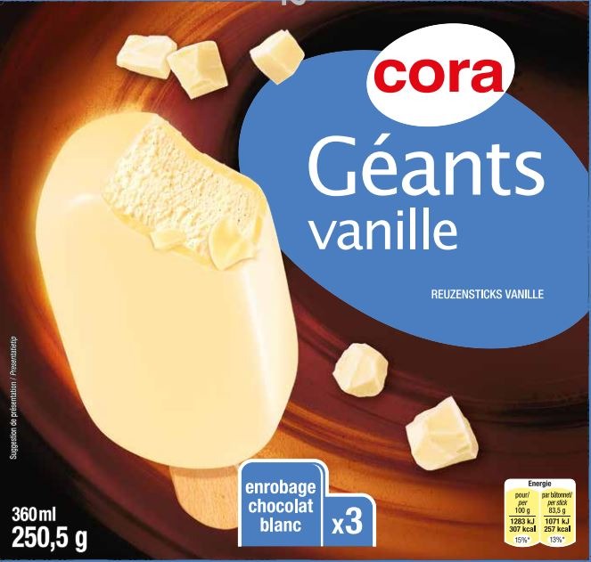 Géants vanille / chocolat blanc x3 360 ml – 250.5 g Cora : photo du produit rappelé le 03/02/2022
