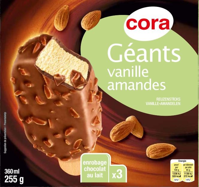 Géants vanille / chocolat lait amandes x3 360 ml – 255 g Cora : photo du produit rappelé le 03/02/2022