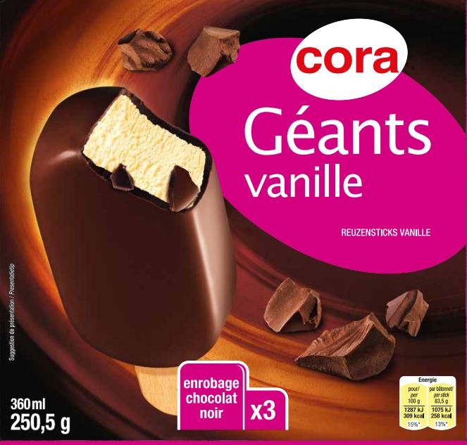 Géants vanille / chocolat noir x3 360 ml – 250.5 g Cora : photo du produit rappelé le 03/02/2022
