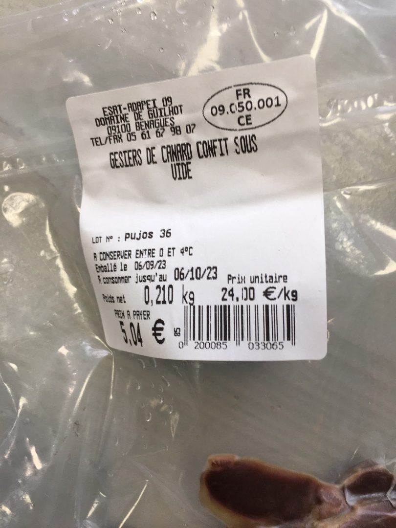 Gesiers de canard confit mis sous vide : photo du produit rappelé le 15/09/2023