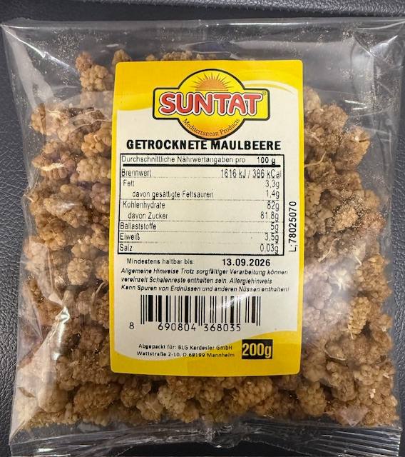 Getrocnknete maulbeer -mures sechees Suntat : photo du produit rappelé le 17/11/2025