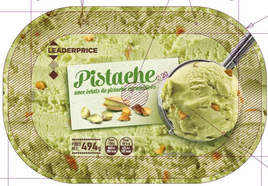Glace pistache avec éclats de pistaches caramélisées – bac 1l Leader Price : photo du produit rappelé le 24/06/2021