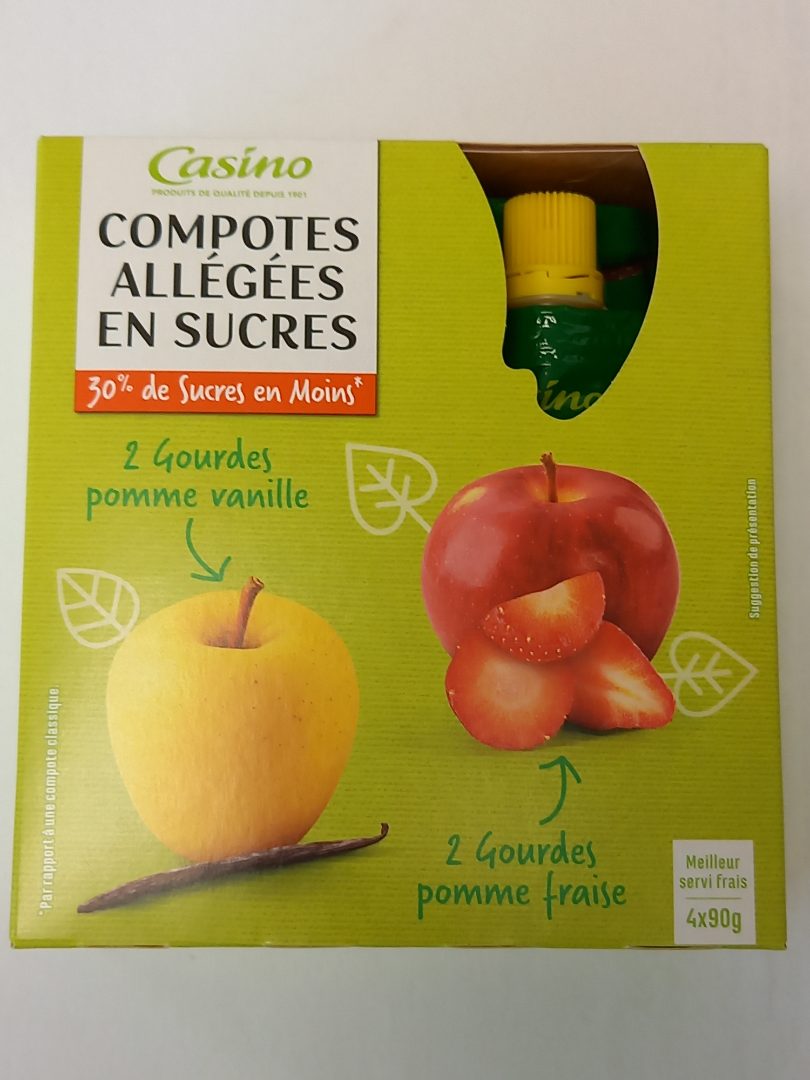 Gourdes de compotes allégées en sucres pomme, fraise et pomme Casino : photo du produit rappelé le 29/06/2021