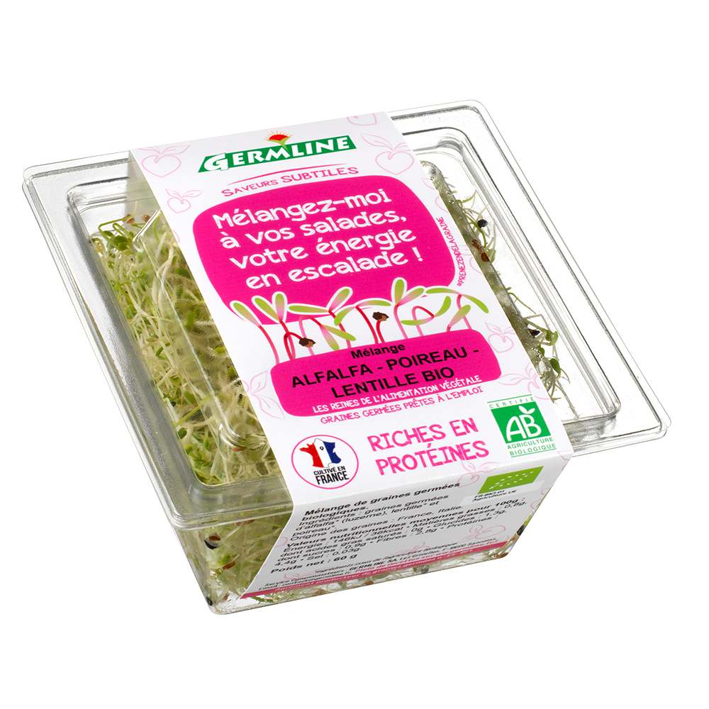 Graines germées biologiques alfalfa, poireau, lentille Germline : photo du produit rappelé le 05/05/2022