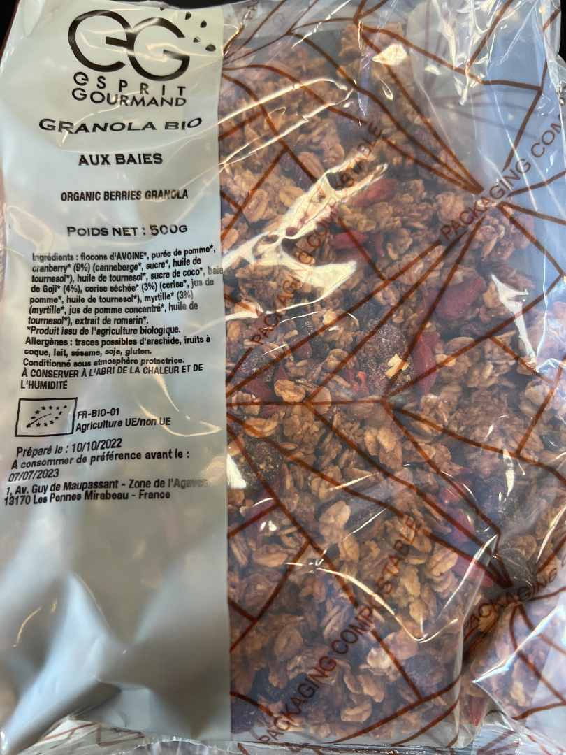 Granola aux baies bio Eprit Gourmand : photo du produit rappelé le 28/12/2022