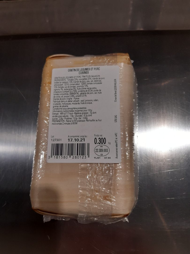 Gratin de légumes et porc cuisinés 300 g qualite traiteur barquette bois : photo 2 sur 2 du produit rappelé le 07/10/2021