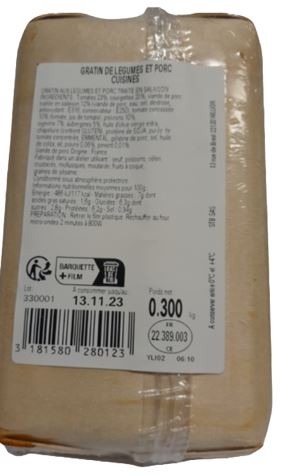 Gratin legumes porc Qualité Traiteur : photo 2 sur 2 du produit rappelé le 06/11/2023