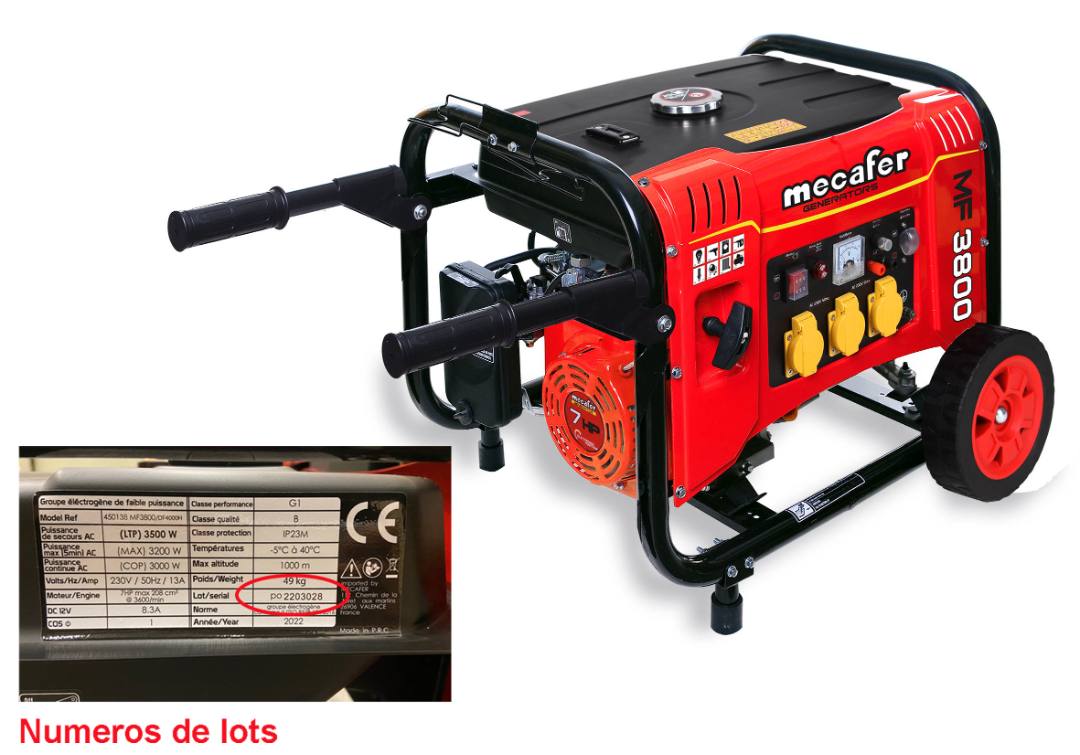 Groupe electrogène mf3800 450138 Mecafer : photo du produit rappelé le 18/11/2022