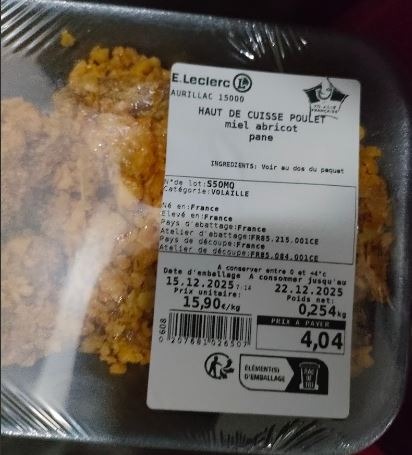 Haut de cuisse de poulet miel abricot panés Leclerc : photo du produit rappelé le 22/12/2025