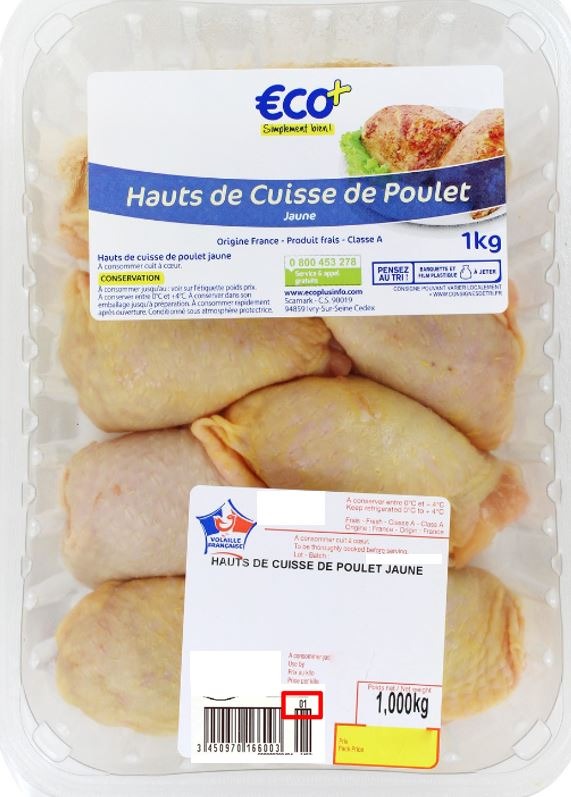 Hauts de cuisse de poulet jaune 1kg Eco : photo du produit rappelé le 08/09/2023