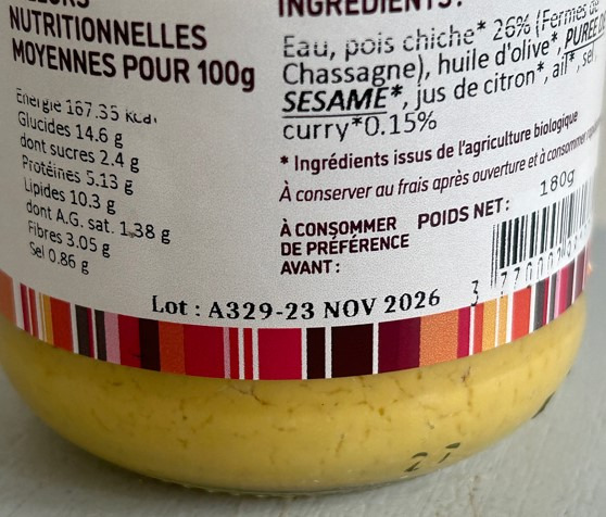 Houmous curry 180g La Cocotte Gourmande : photo 2 sur 2 du produit rappelé le 04/03/2024