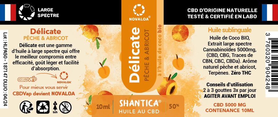 Huile délicate CBD large spectre 50% pêche/abricot Novaloa : photo 2 sur 2 du produit rappelé le 13/11/2023
