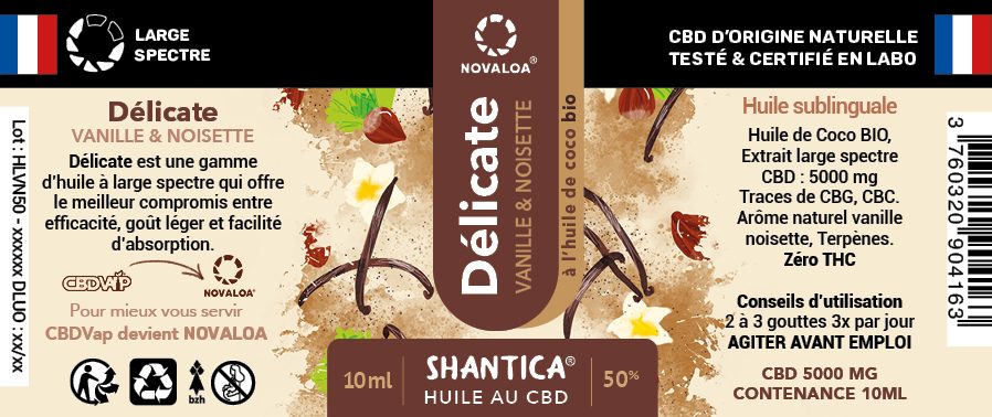 Huile délicate CBD large spectre 50% vanille/noisette Novaloa : photo 2 sur 2 du produit rappelé le 13/11/2023