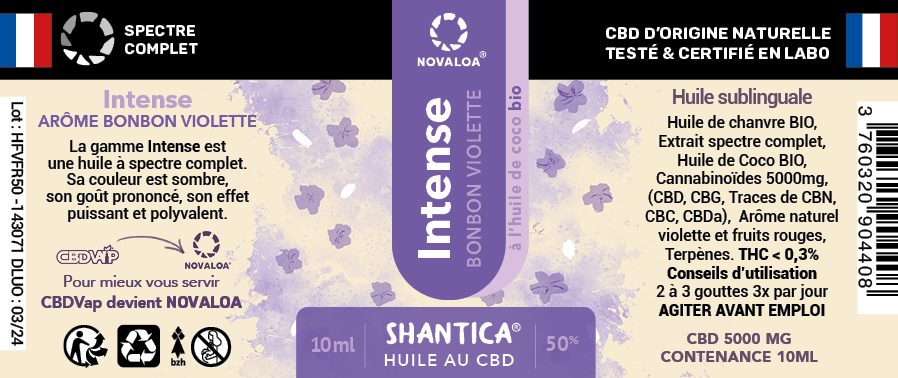 Huile intense CBD spectre complet 50% bonbon violette & fruits Novaloa : photo 2 sur 2 du produit rappelé le 13/11/2023
