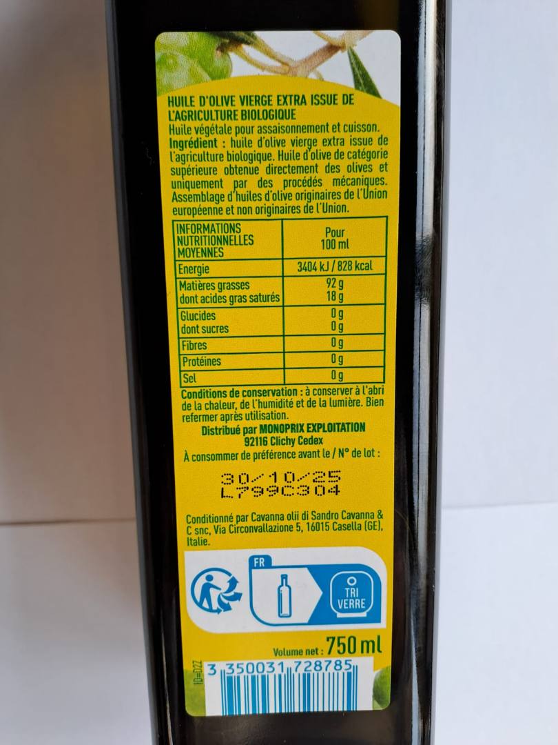 Huile olive vierge extra 75cl Monoprix BIO : photo 3 sur 3 du produit rappelé le 05/03/2025