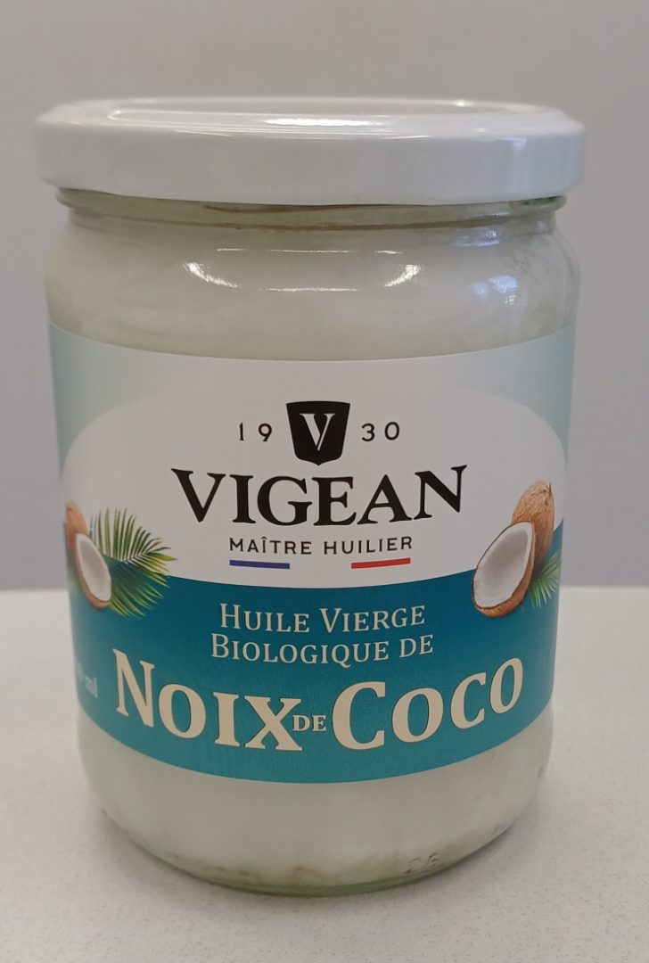 Huile vierge biologique de noix de coco Huilerie Vigean : photo du produit rappelé le 02/12/2024