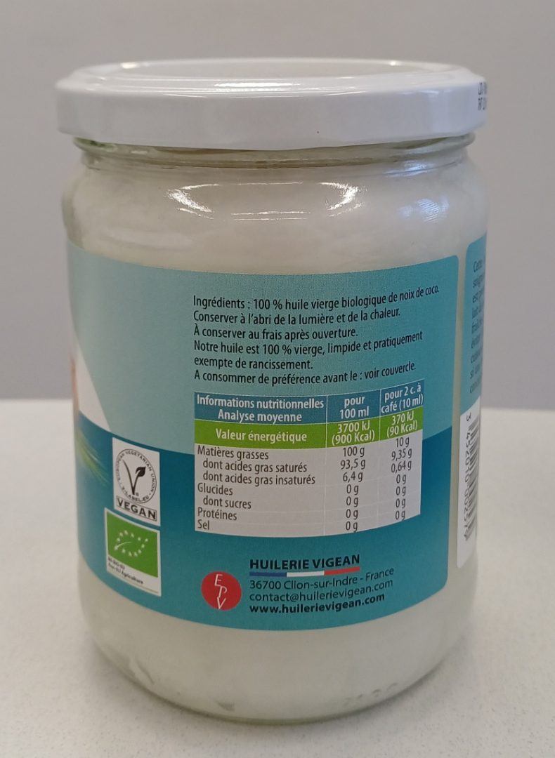 Huile vierge biologique de noix de coco Huilerie Vigean : photo 2 sur 3 du produit rappelé le 02/12/2024