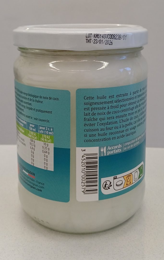 Huile vierge biologique de noix de coco Huilerie Vigean : photo 3 sur 3 du produit rappelé le 02/12/2024