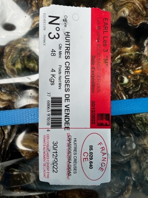 Huitres creuses de vendee Earl les 3 M : photo du produit rappelé le 30/12/2022