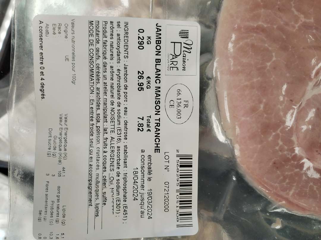 Jambon blanc Maison Paré : photo du produit rappelé le 12/04/2024