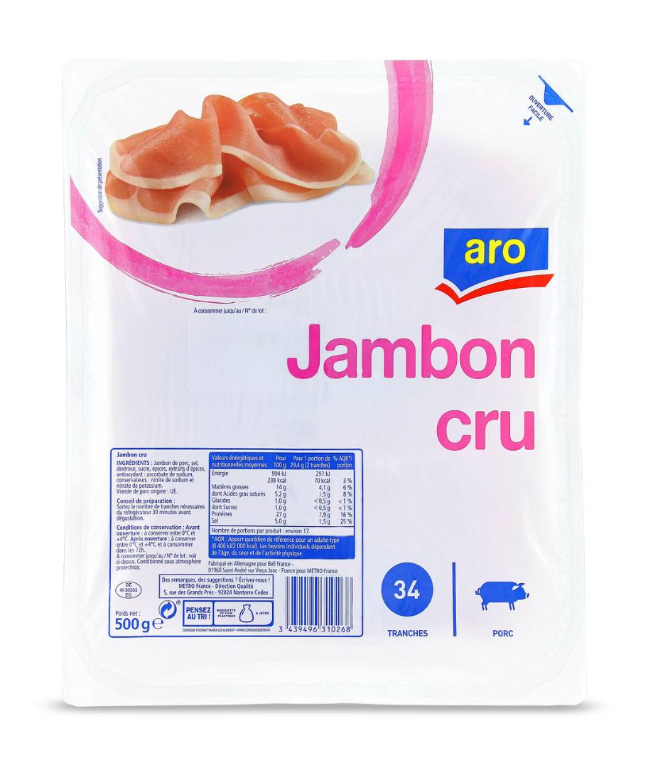 Jambon cru 34 tranches 500g aro : photo du produit rappelé le 10/12/2024