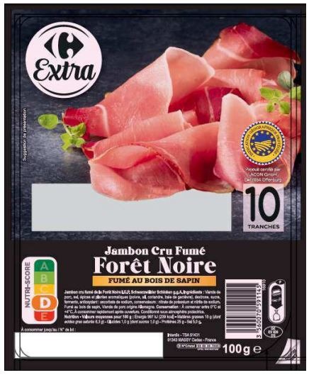 Jambon cru fumé forêt noire Carrefour Extra : photo du produit rappelé le 05/06/2023