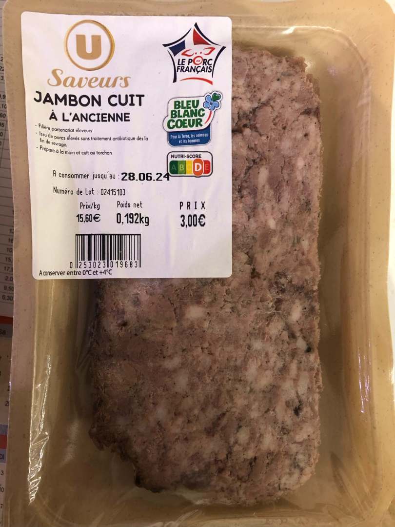 Jambon cuit à l'ancienne gh bbc usaveurs 1tran.180g U Saveurs : photo du produit rappelé le 04/06/2024