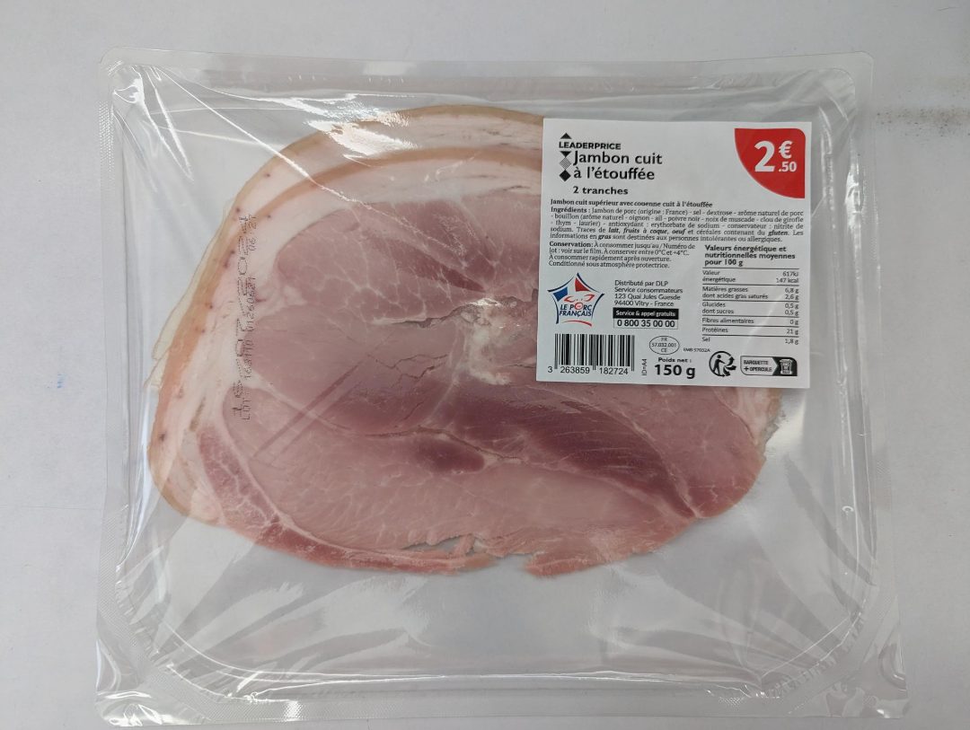Jambon cuit a l etouffee 2 tranches 150g leader price : photo du produit rappelé le 18/06/2024