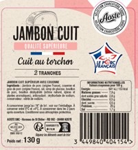 Jambon cuit au torchon qualite superieure avec couenne vpf 2 tranches Aoste : photo du produit rappelé le 21/10/2025