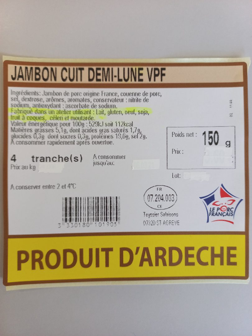 Jambon cuit demi-lune vpf Salaisons de la Haute Ardèche : photo 2 sur 2 du produit rappelé le 27/08/2021