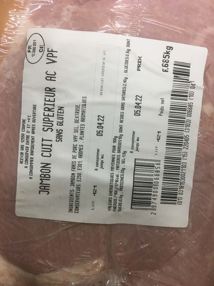 Jambon cuit supérieur : photo du produit rappelé le 18/03/2022