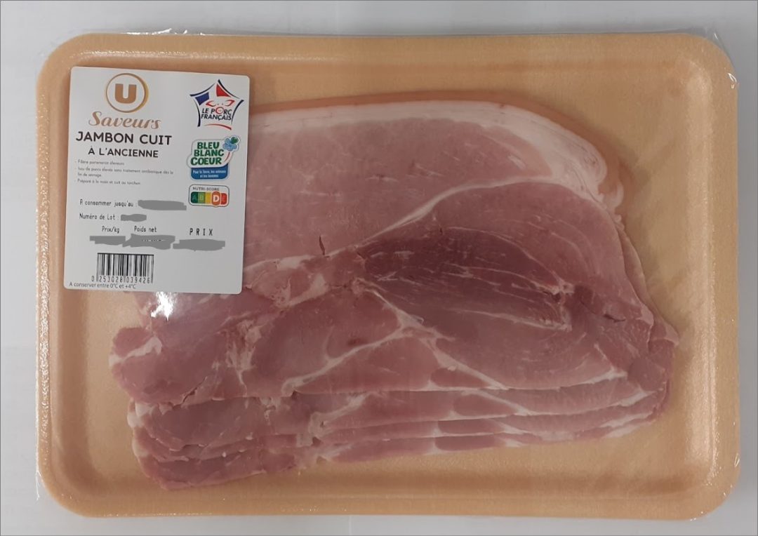 Jambon cuit supérieur à l'ancienne bleu blanc coeur u saveurs : photo du produit rappelé le 14/03/2024