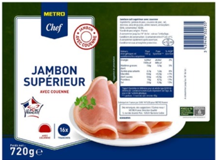 Jambon cuit superieur avec couenne 16tranches 720g Metro Chef : photo du produit rappelé le 28/04/2022
