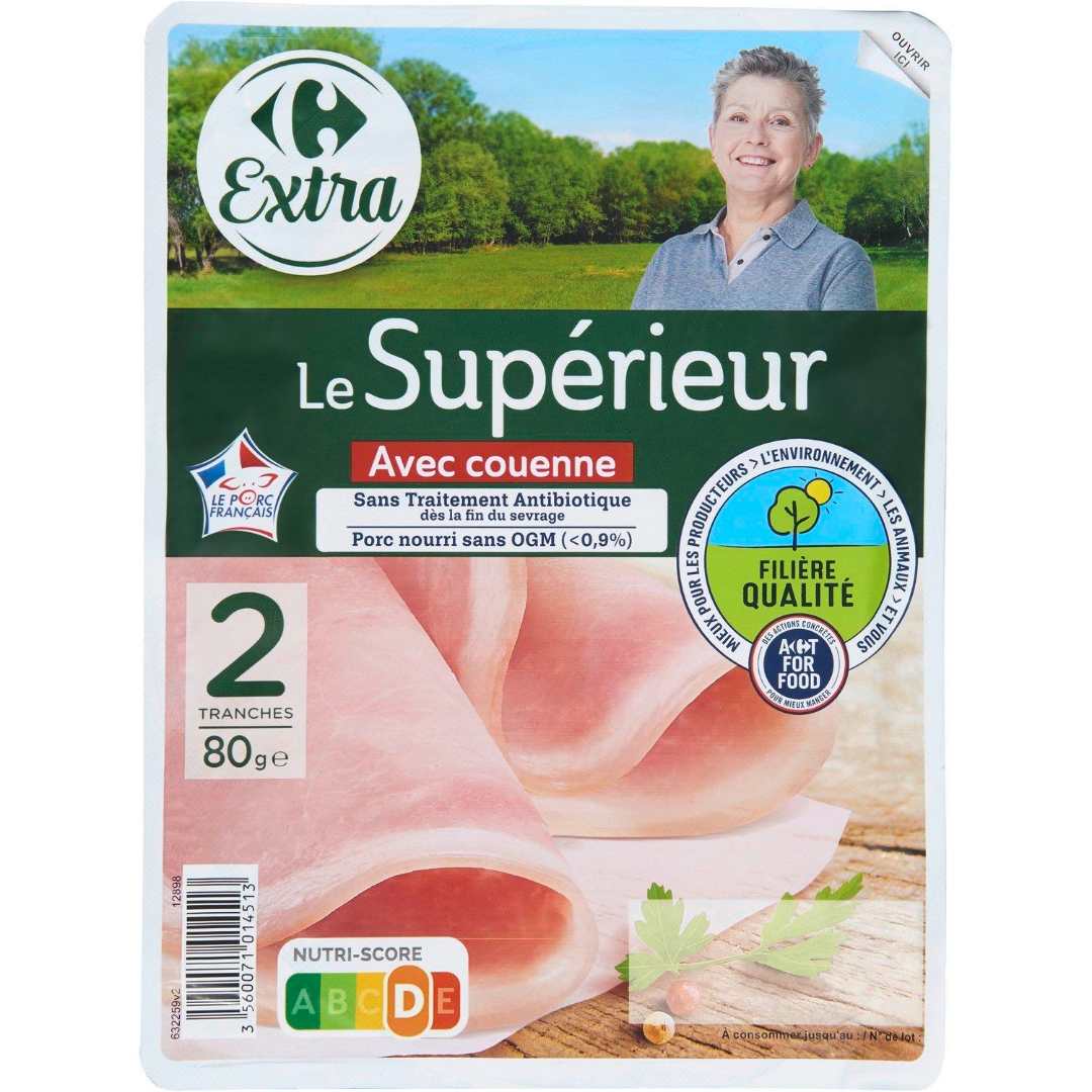 Jambon cuit superieur avec couenne 2t 80g Extra Carrefour : photo du produit rappelé le 19/12/2022
