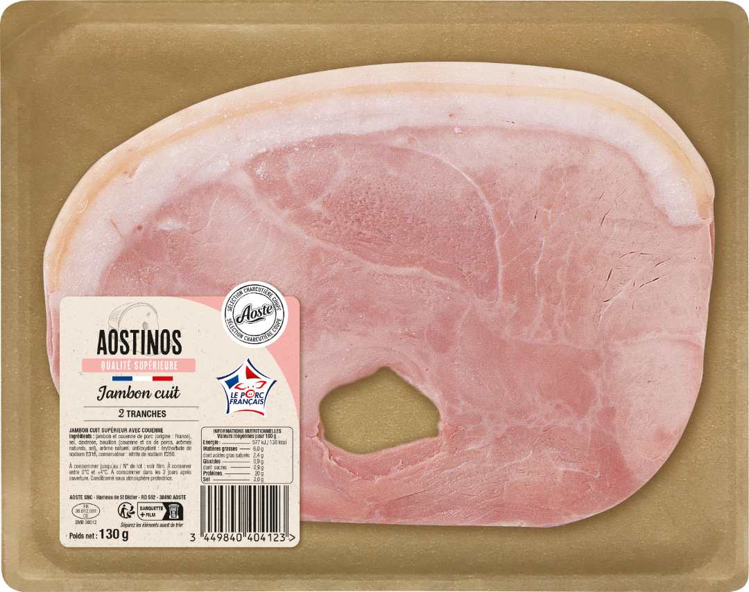 Jambon cuit superieur avec couenne aostinos vpf 2 tranches 130g Aoste : photo du produit rappelé le 13/03/2026