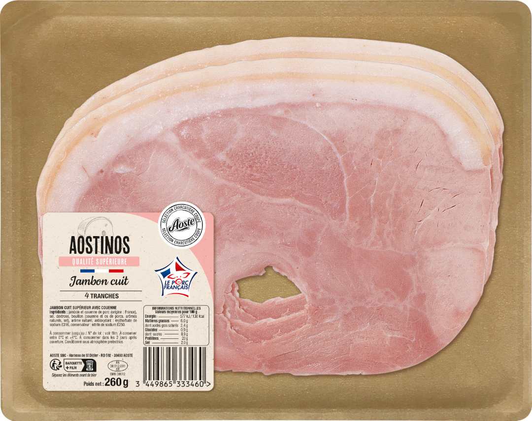 Jambon cuit superieur avec couenne aostinos vpf 4 tranches 260g Aoste : photo du produit rappelé le 13/03/2026
