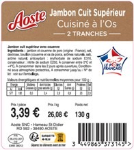 Jambon cuit superieur avec couenne cuisiné a l’os vpf 2 tranches 130g Aoste : photo du produit rappelé le 21/10/2025