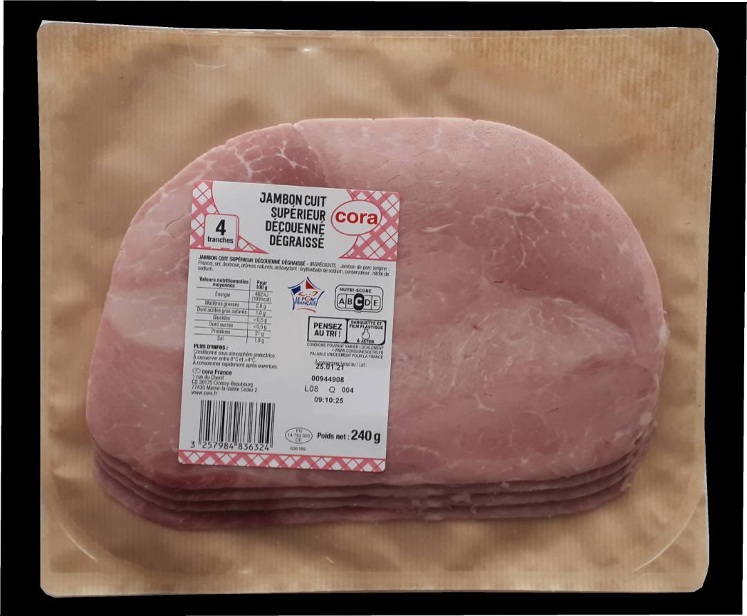 Jambon cuit supérieur avec couenne et sans couenne fe Cora : photo du produit rappelé le 21/01/2022