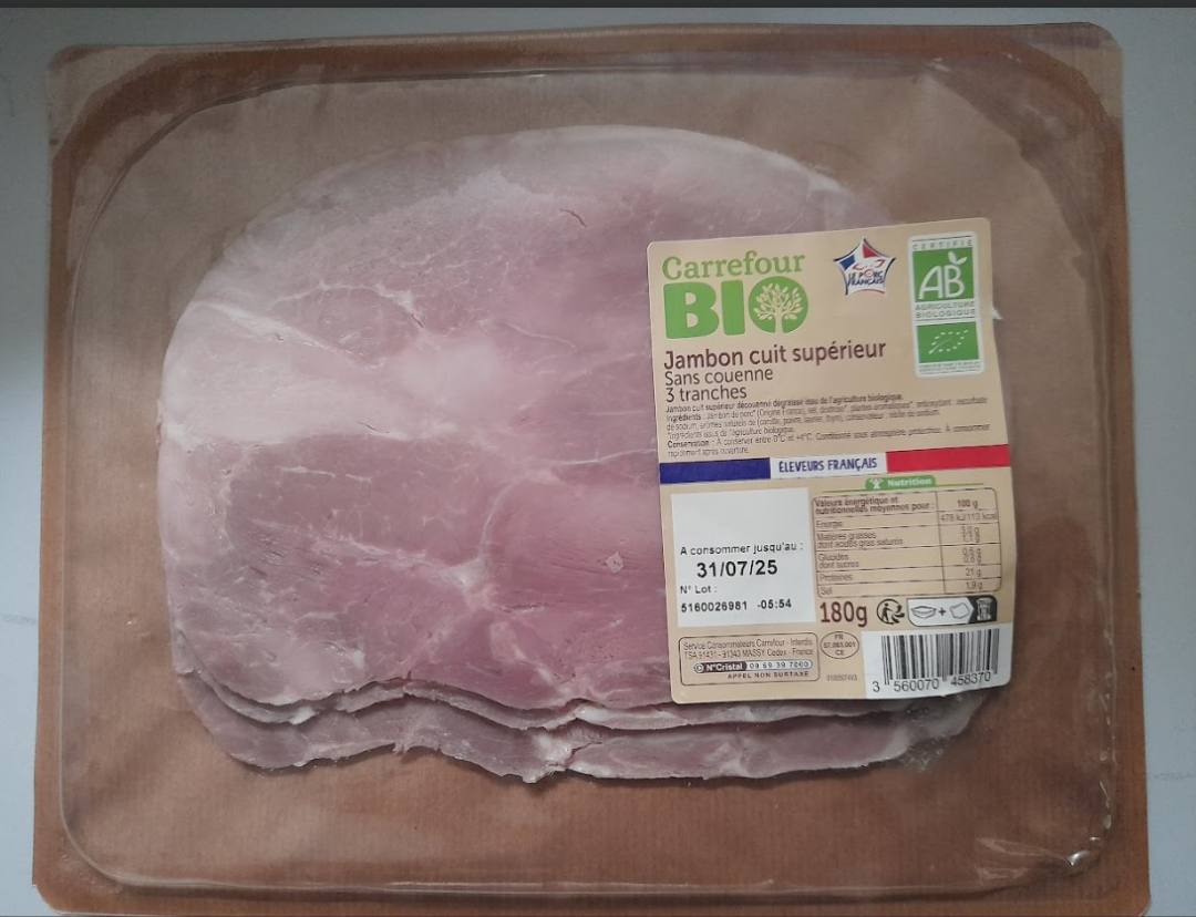 Jambon cuit superieur bio 180g Carrefour BIO : photo du produit rappelé le 23/07/2025