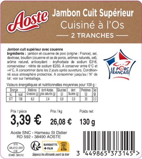 Jambon cuit supérieur cuisiné à l’os 2t 130g Aoste : photo du produit rappelé le 06/03/2026